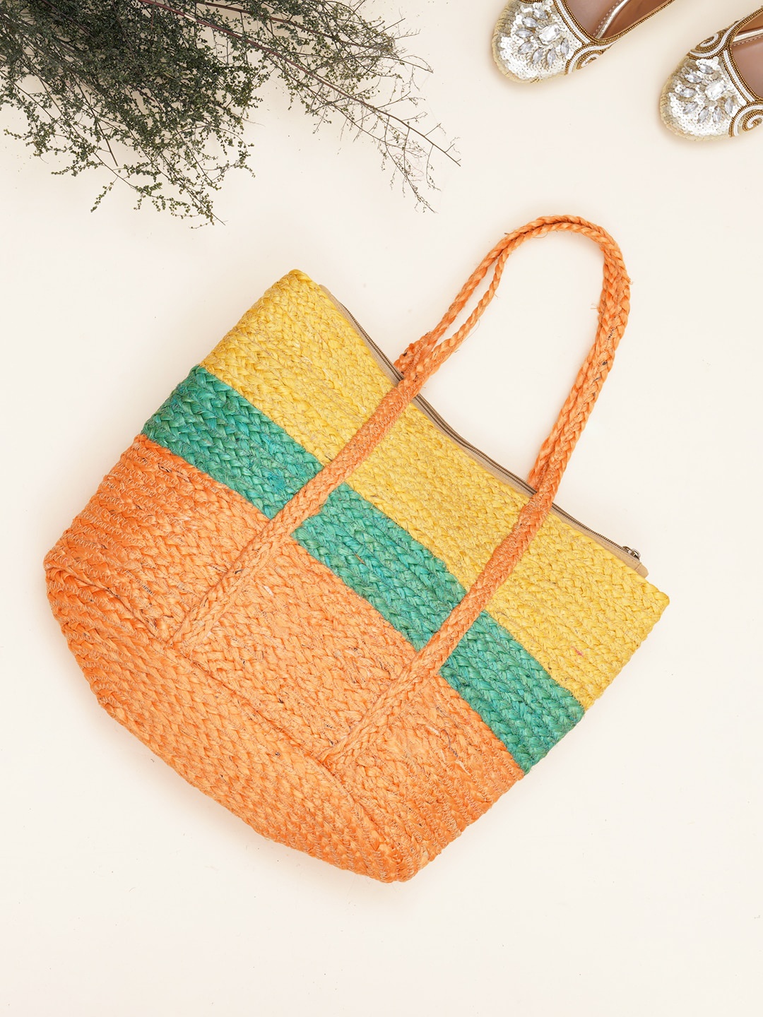 

FABBHUE Colourblocked Jute Shopper Tote Bag, Yellow