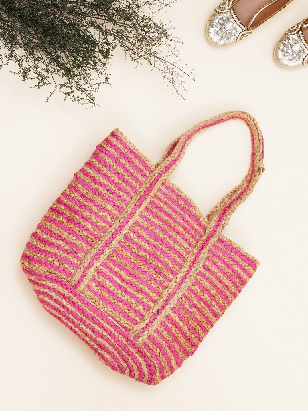

FABBHUE Striped Jute Shopper Tote Bag, Pink