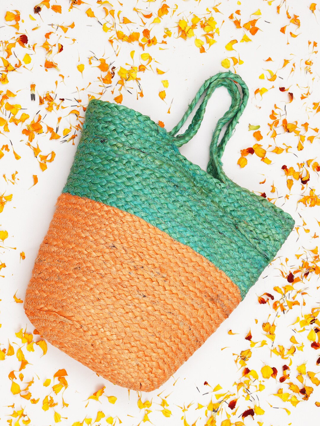 

FABBHUE Colourblocked Jute Shopper Tote Bag, Green
