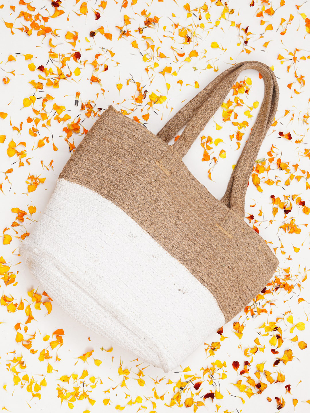 

FABBHUE Colourblocked Jute Shopper Tote Bag, Beige