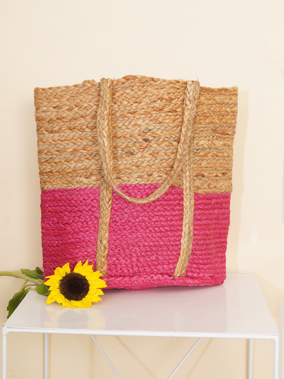 

FABBHUE Colourblocked Jute Tote Bag, Pink