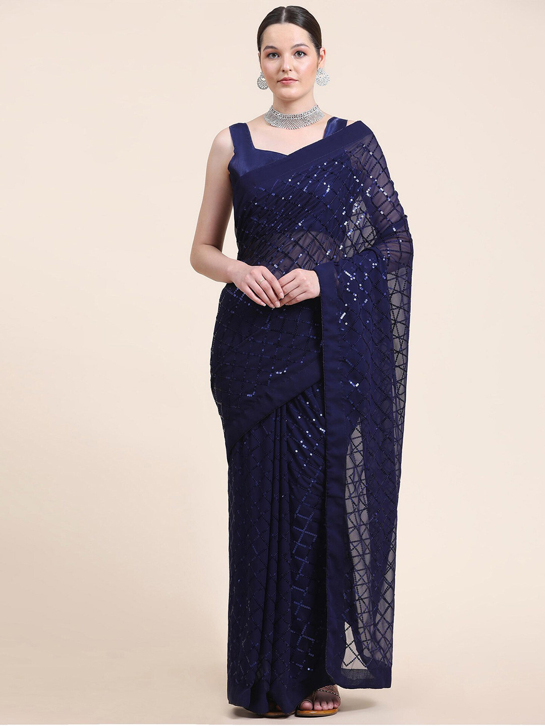 

Satrani Navy Blue Sequin Embellished Saree