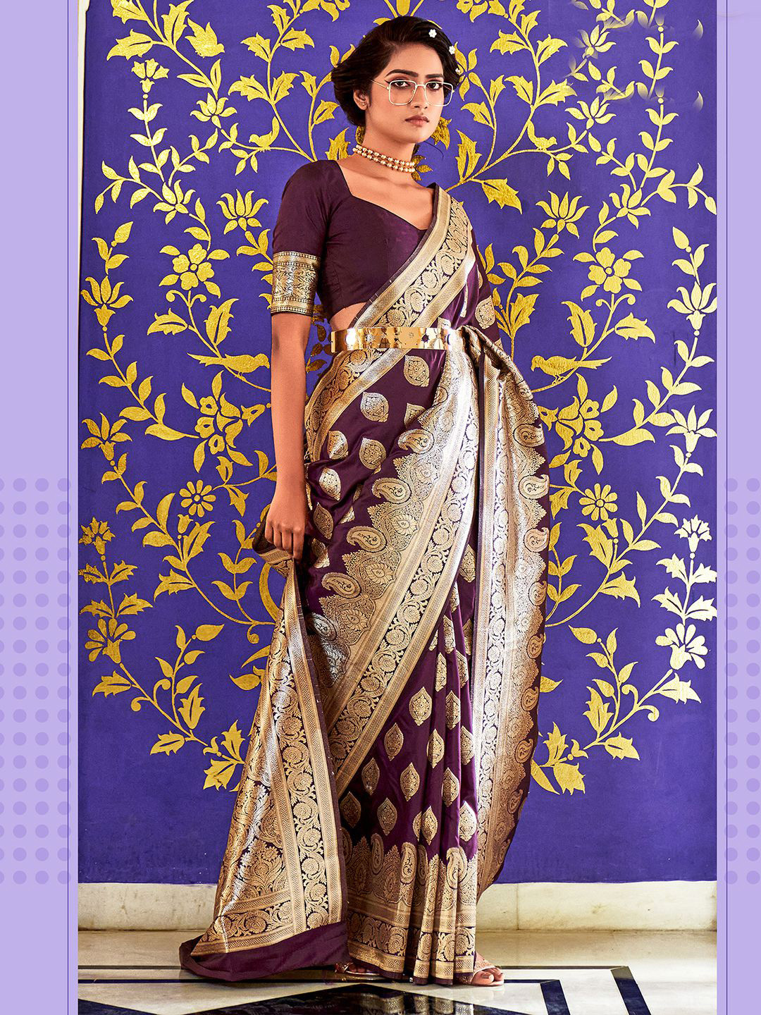 

Satrani Purple & Gold-Toned Ethnic Motif Woven Design Pure Silk Banarasi Saree