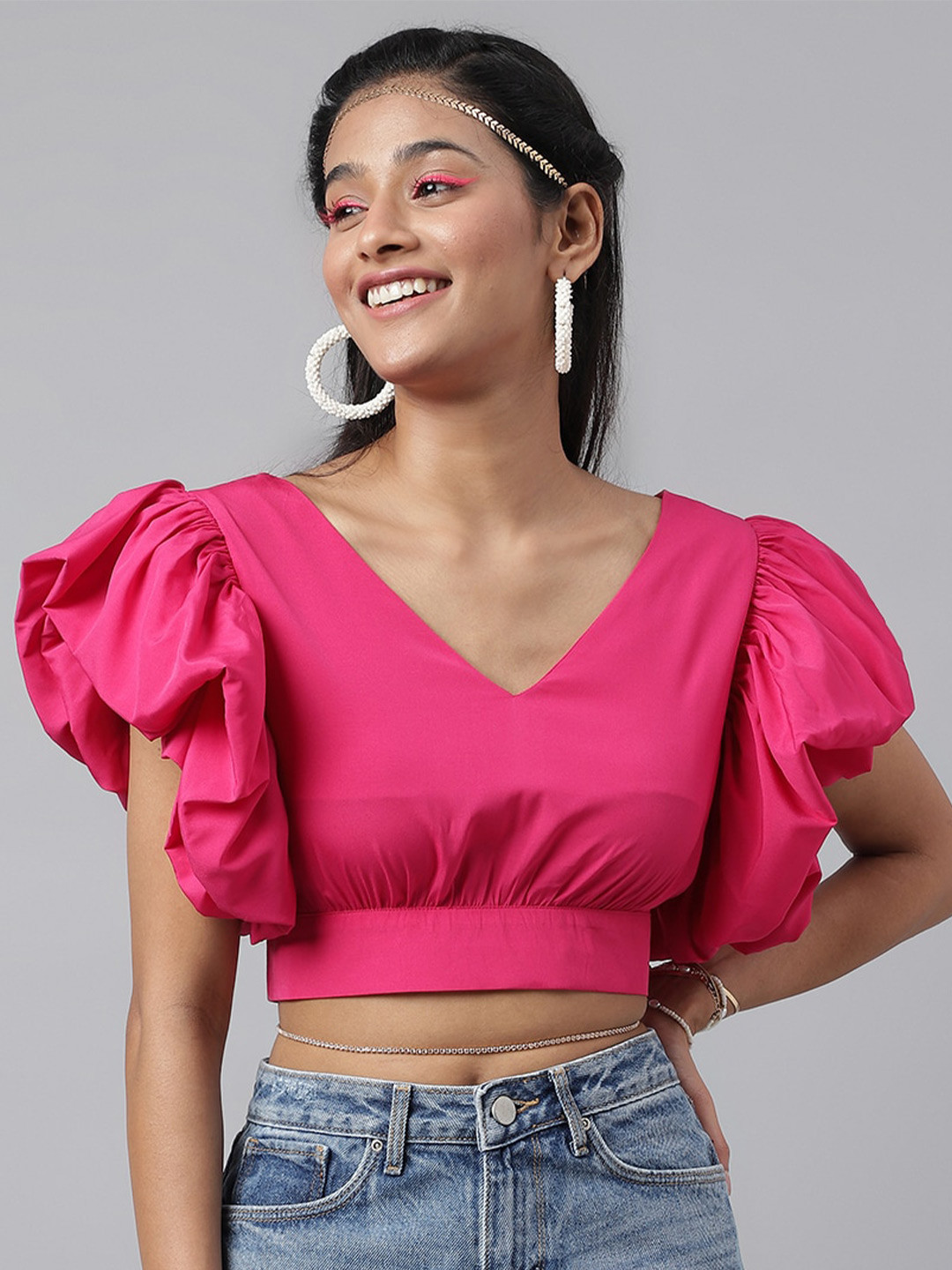 

pinwheel V-Neck Flutter Sleeve Crop Top, Pink