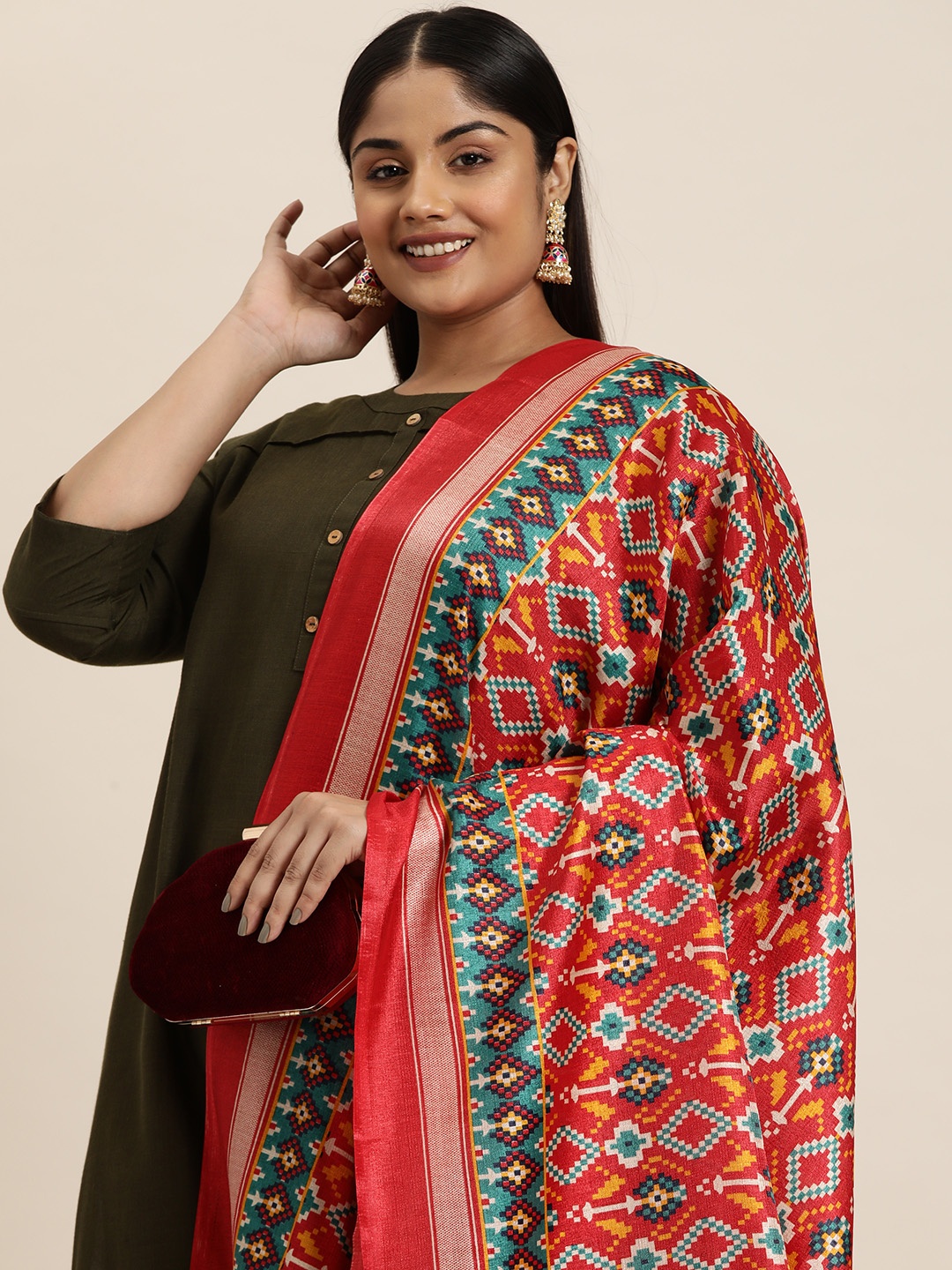 

Sztori Ethnic Motifs Printed Silk Dupatta, Red
