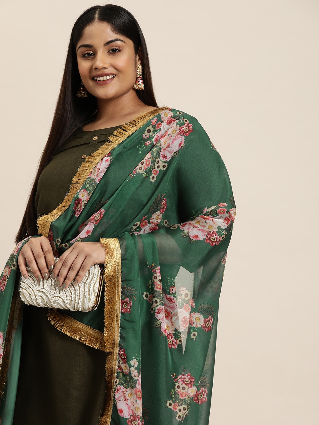 Sztori Floral Printed Organza Dupatta, Green
