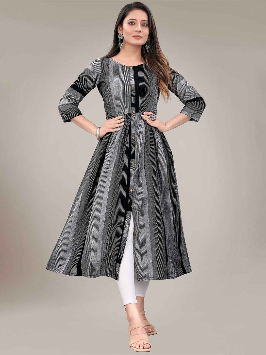 

KALINI Round Neck Striped A-Line Kurta, Black