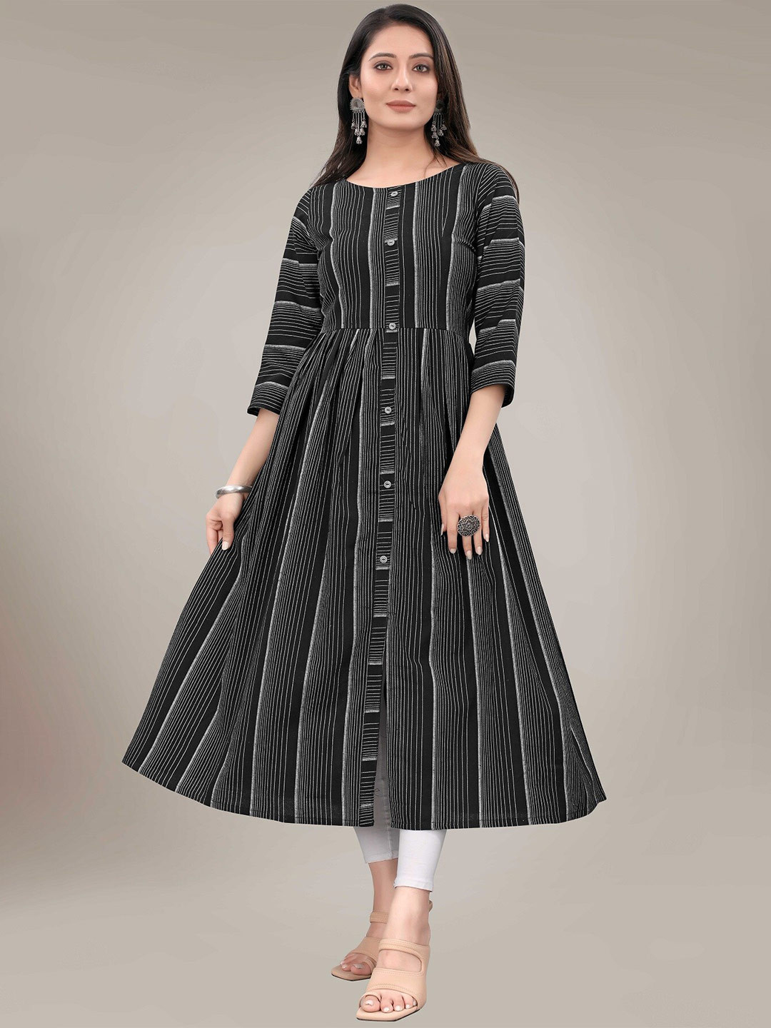 

KALINI Striped A-Line Pure Cotton Kurta, Black