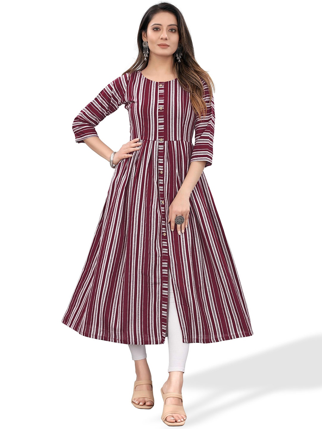

KALINI Striped A-Line Pure Cotton Kurta, Maroon