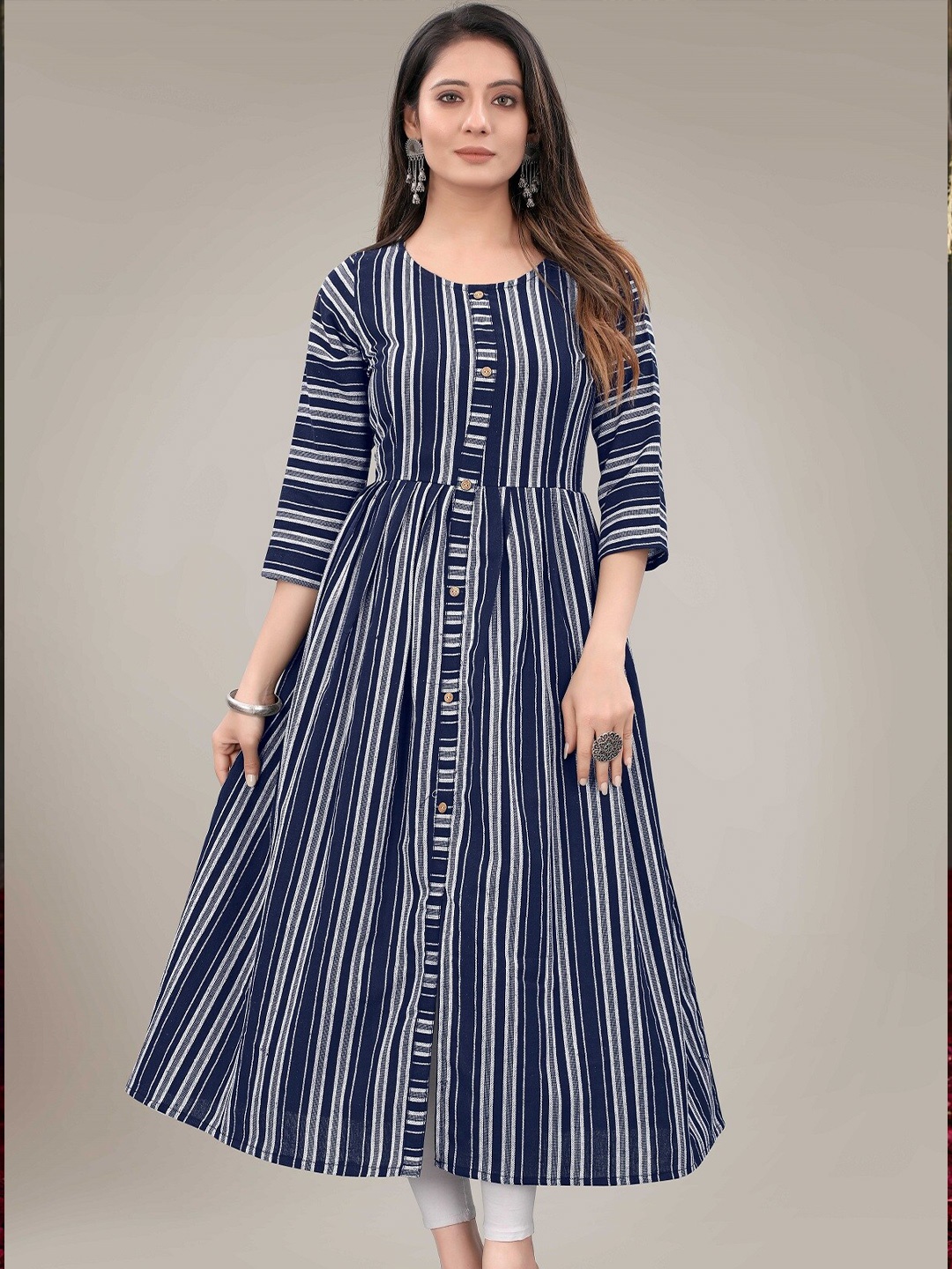 

KALINI Round Neck Striped A-line Cotton Kurta, Blue