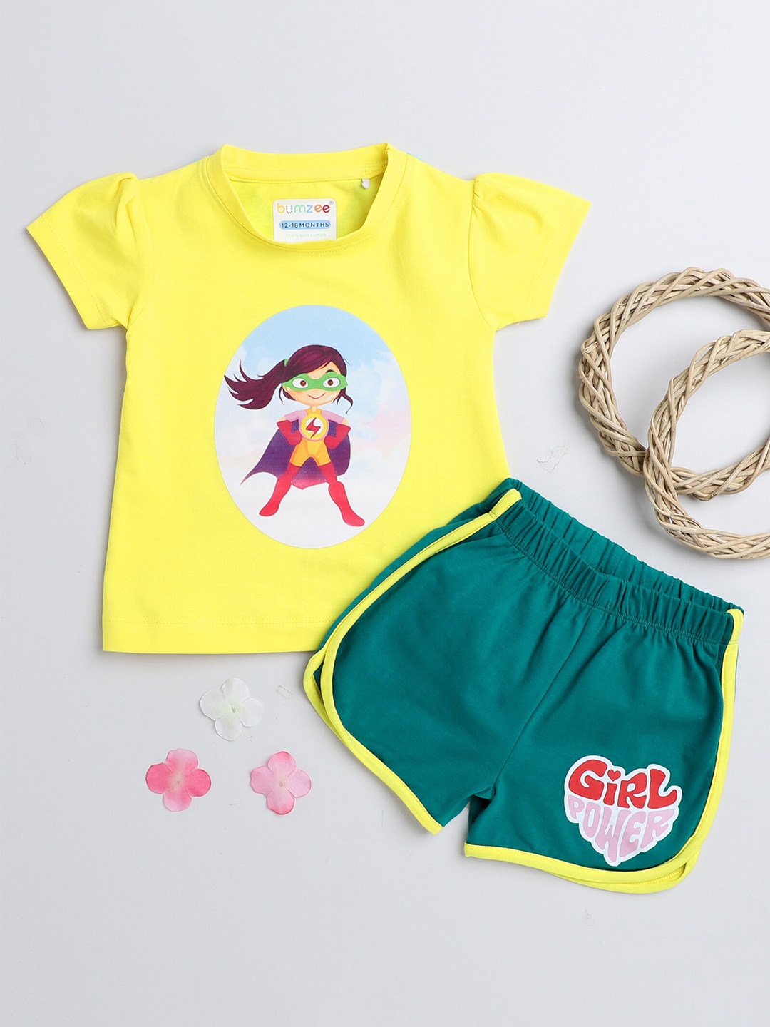 

BUMZEE Girls Printed Pure Cotton T-shirt With Shorts, Yellow
