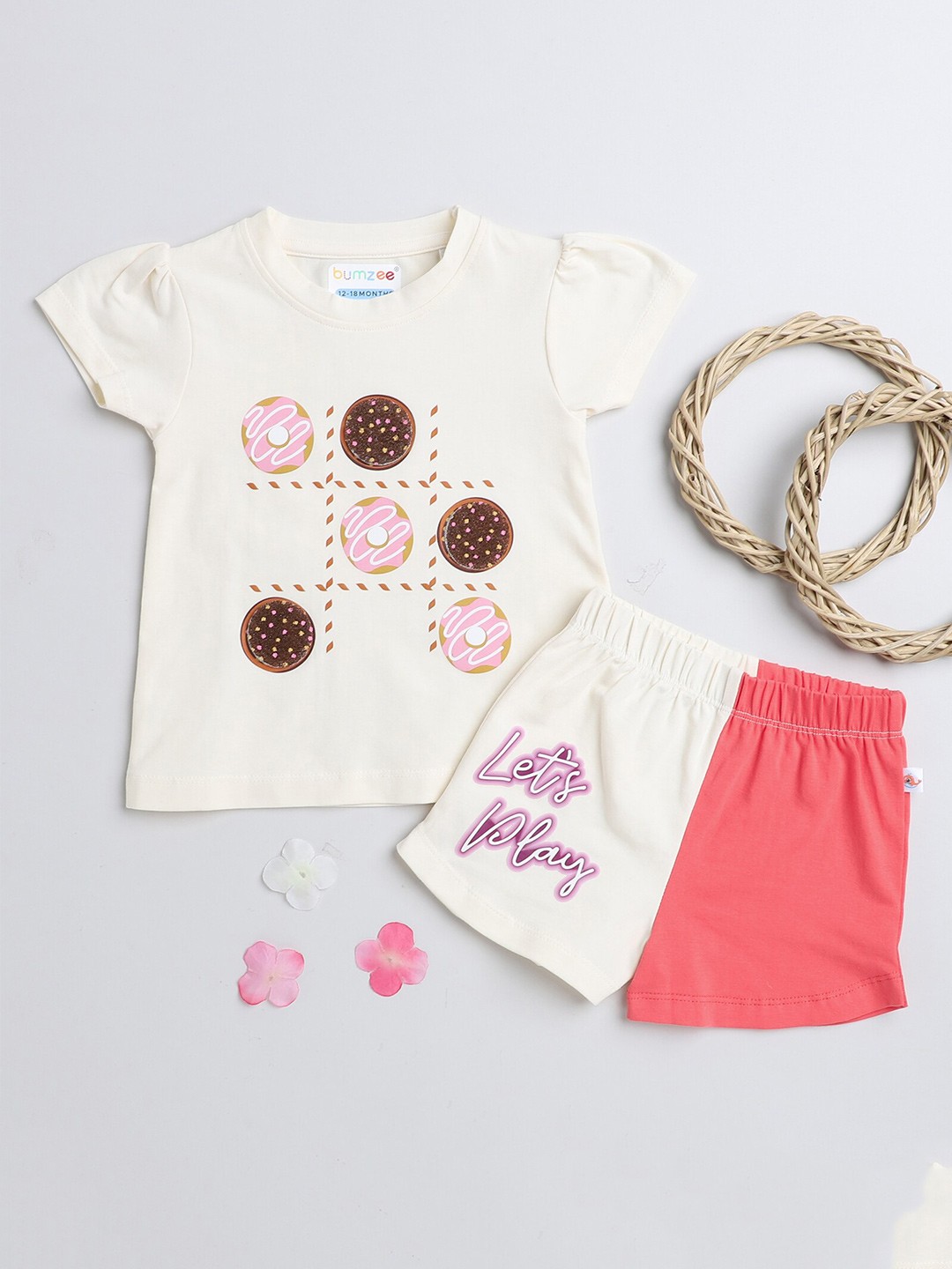 

BUMZEE Girls Printed Pure Cotton T-shirt With Shorts, Cream