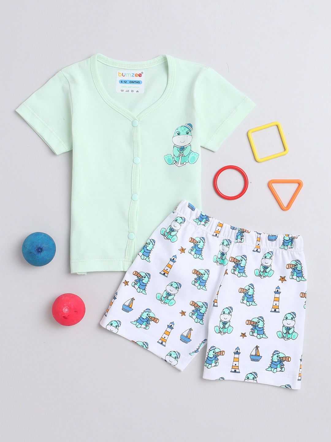 

BUMZEE Infants Boys Conversational Printed Pure Cotton T-shirt with Shorts, Sea green