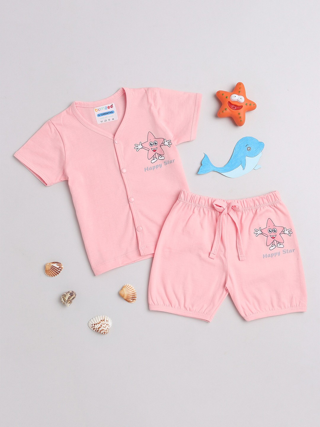 

BUMZEE Infants Girls Conversational Printed Pure Cotton T-shirt with Shorts, Peach