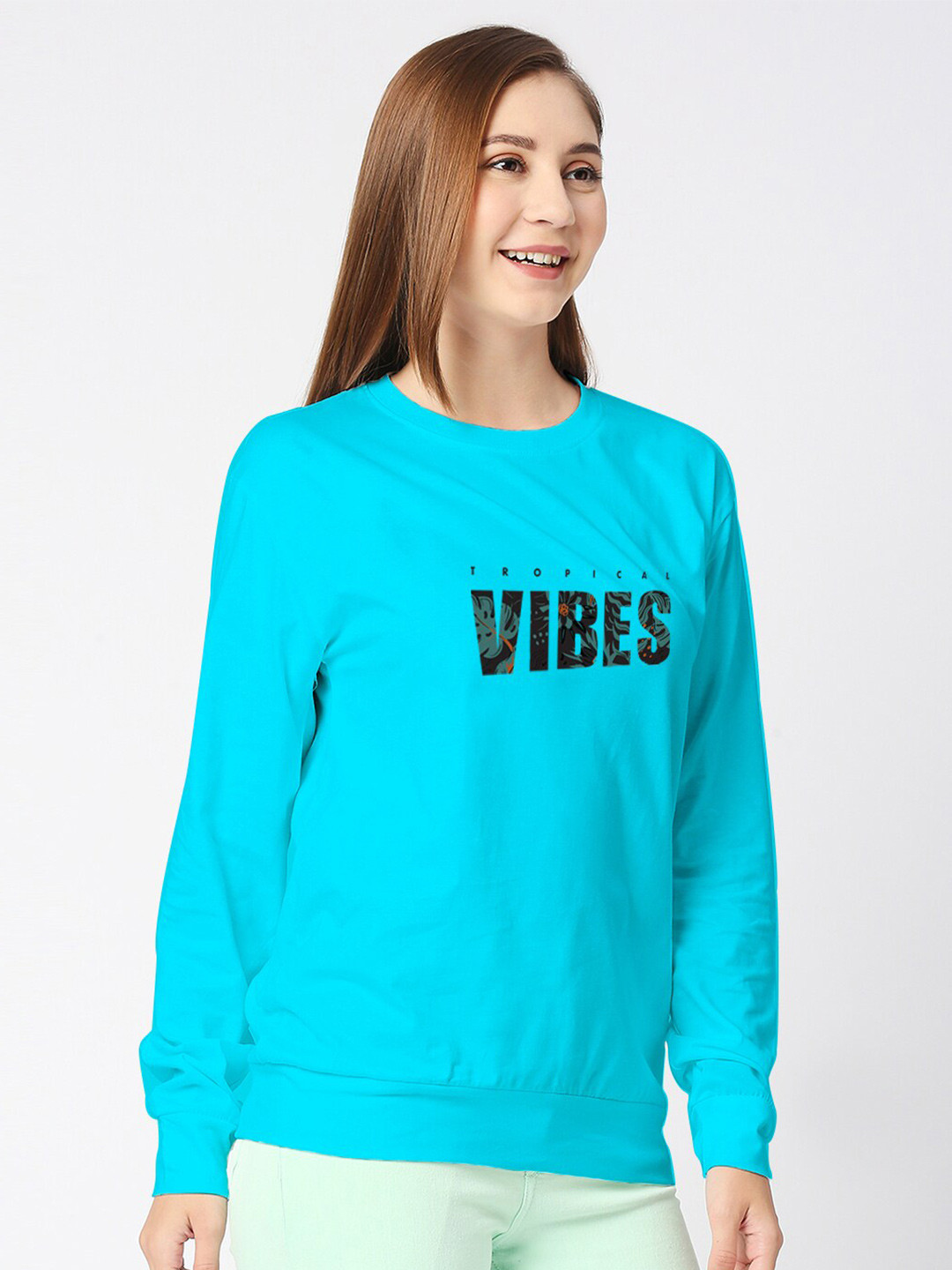 

STATUS MANTRA Typography Printed Long Sleeves Pure Cotton T-shirts, Turquoise blue