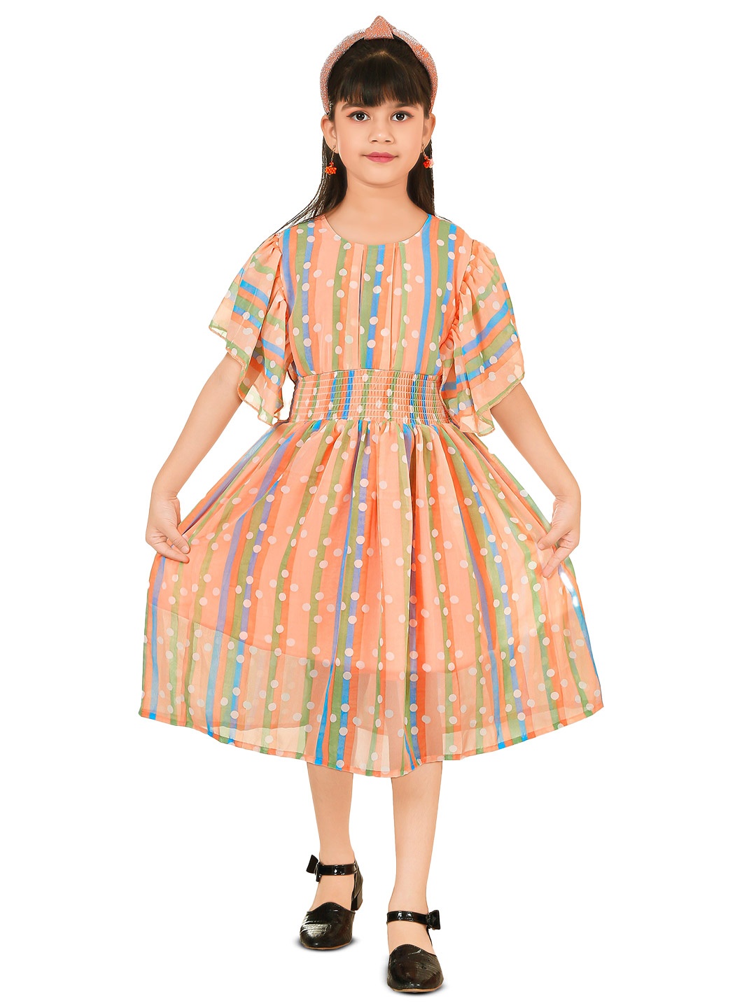 CELEBRITY CLUB Girls Polka Dots Printed Smocked Georgette Fit & Flare Midi Dress, Orange
