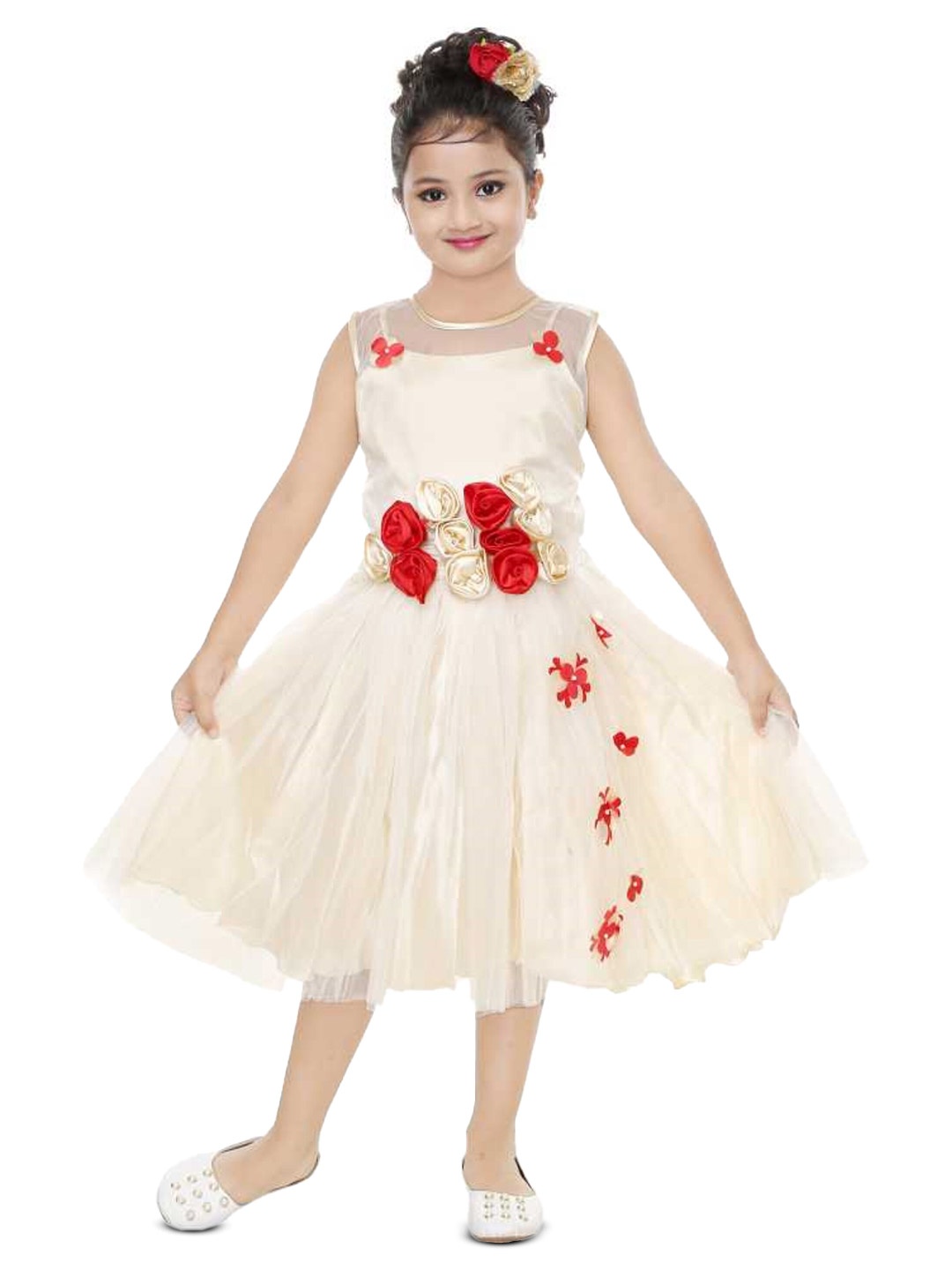 

CELEBRITY CLUB Girls Self Design Embellished Net Fit & Flare Dress, Cream