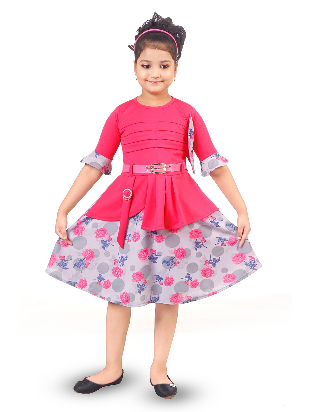 

CELEBRITY CLUB Girls Floral Printed Bell Sleeve Crepe Fit & Flare Dress, Pink