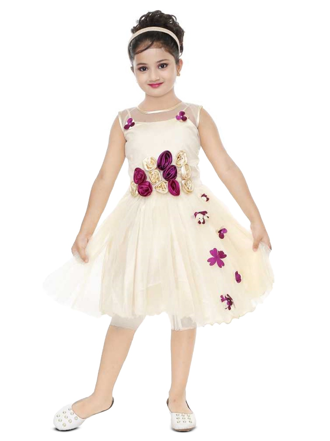 

CELEBRITY CLUB Girls Floral Embellished Net Fit & Flare Dress, Cream