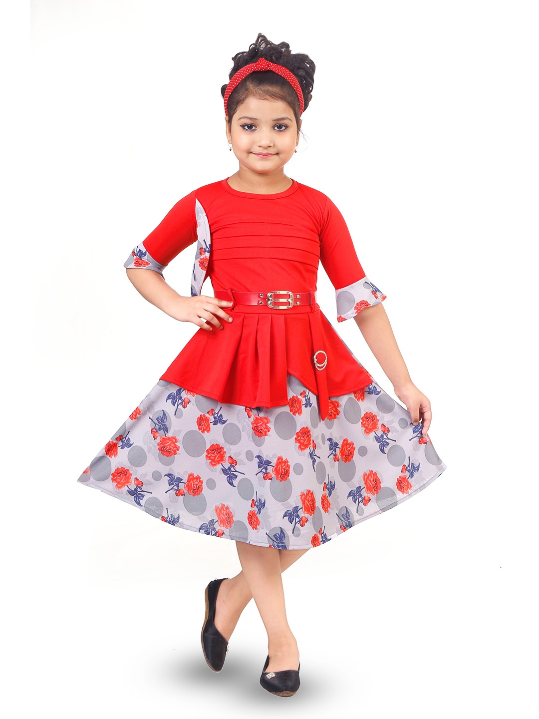 

CELEBRITY CLUB Girls Floral Printed Fit & Flare Dress With Belt, Red