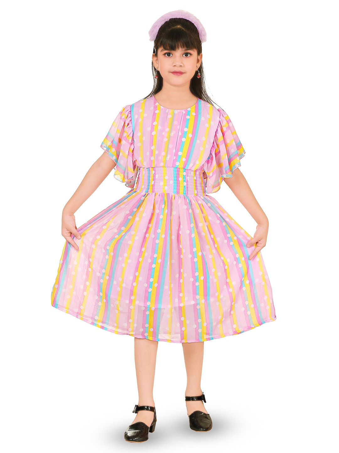 

CELEBRITY CLUB Girls Striped Smocked Georgette A-Line Midi Dress, Pink