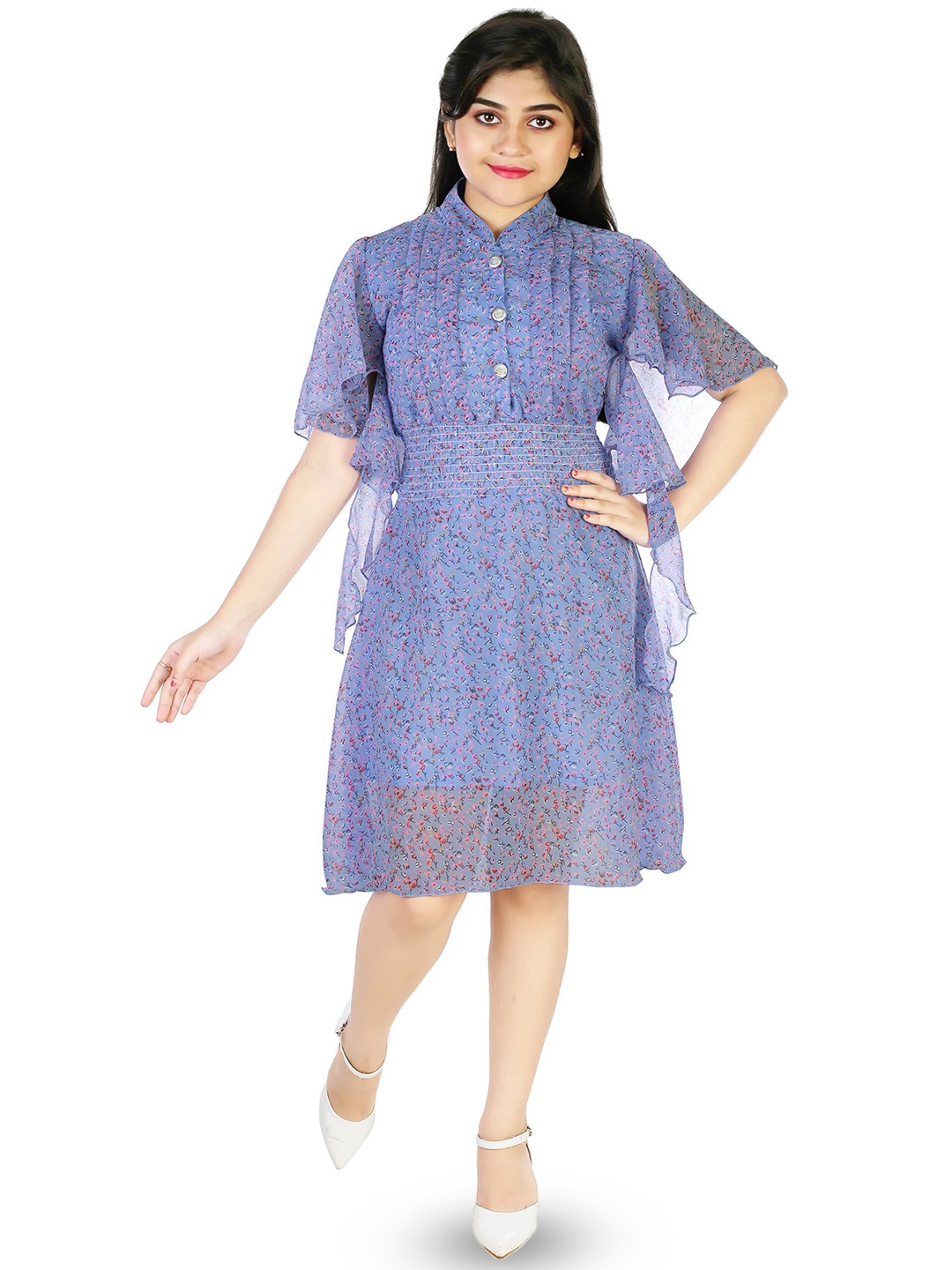 

CELEBRITY CLUB Girls Floral Printed Flared Sleeves Smocked Georgette A-Line Midi Dress, Blue