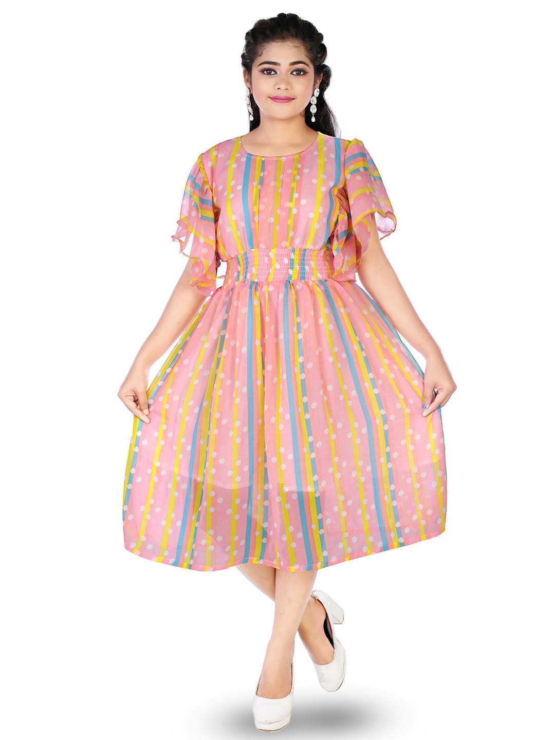CELEBRITY CLUB Girls Striped Smocked Georgette A-Line Midi Dress, Peach