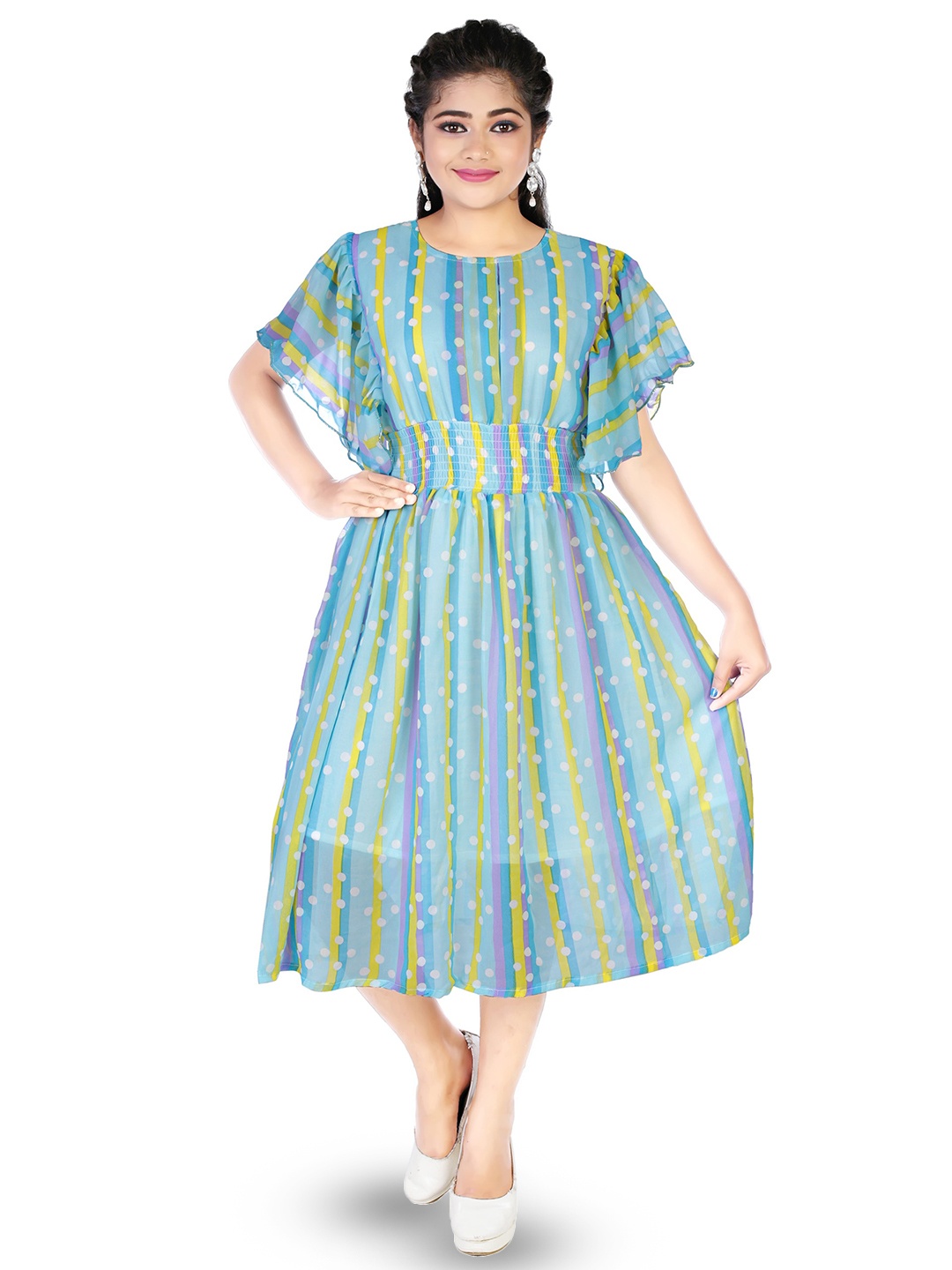 

CELEBRITY CLUB Girls Striped Smocked Georgette A-Line Midi Dress, Blue