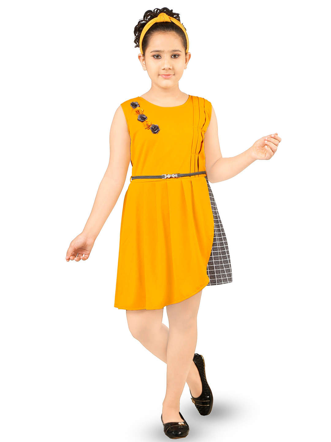 

CELEBRITY CLUB Girls Crepe A-Line Dress With Belt, Mustard