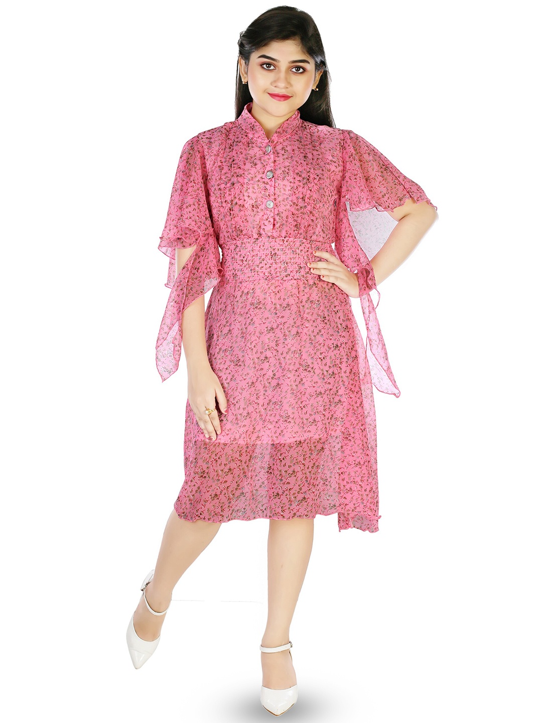 

CELEBRITY CLUB Girls Floral Printed Flared Sleeves Smocked Georgette A-Line Midi Dress, Pink