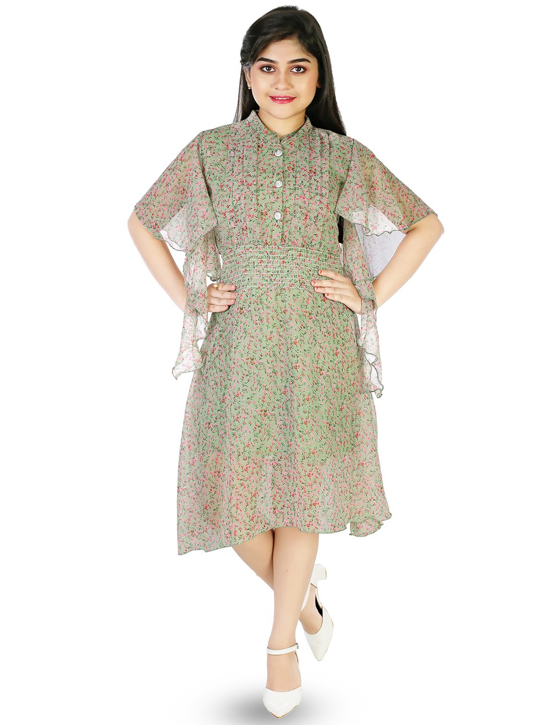 

CELEBRITY CLUB Girls Floral Printed Flared Sleeves Smocked Georgette A-Line Midi Dress, Green