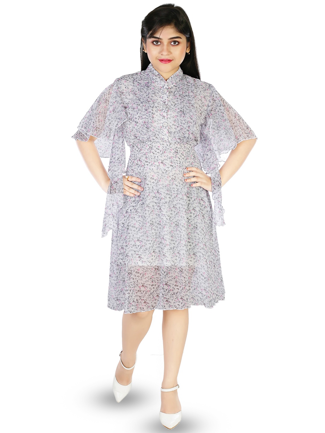 

CELEBRITY CLUB Girls Floral Printed Flared Sleeves Georgette A-Line Midi Dress, White