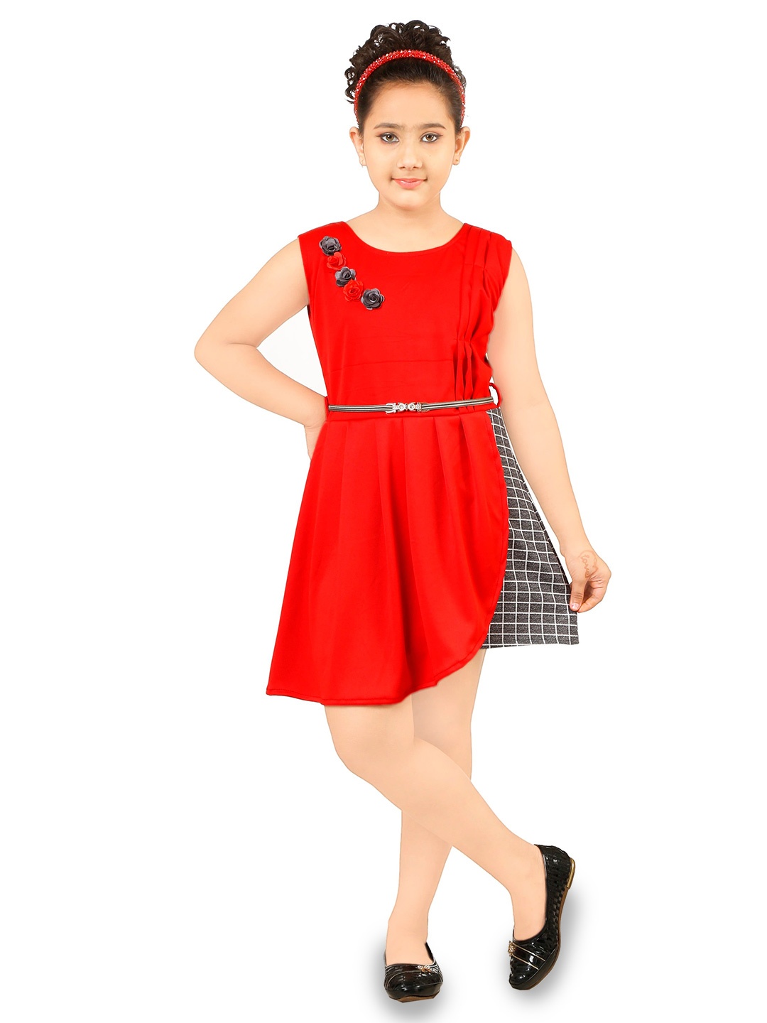 

CELEBRITY CLUB Girls Checked A-Line Dress With Belt, Red