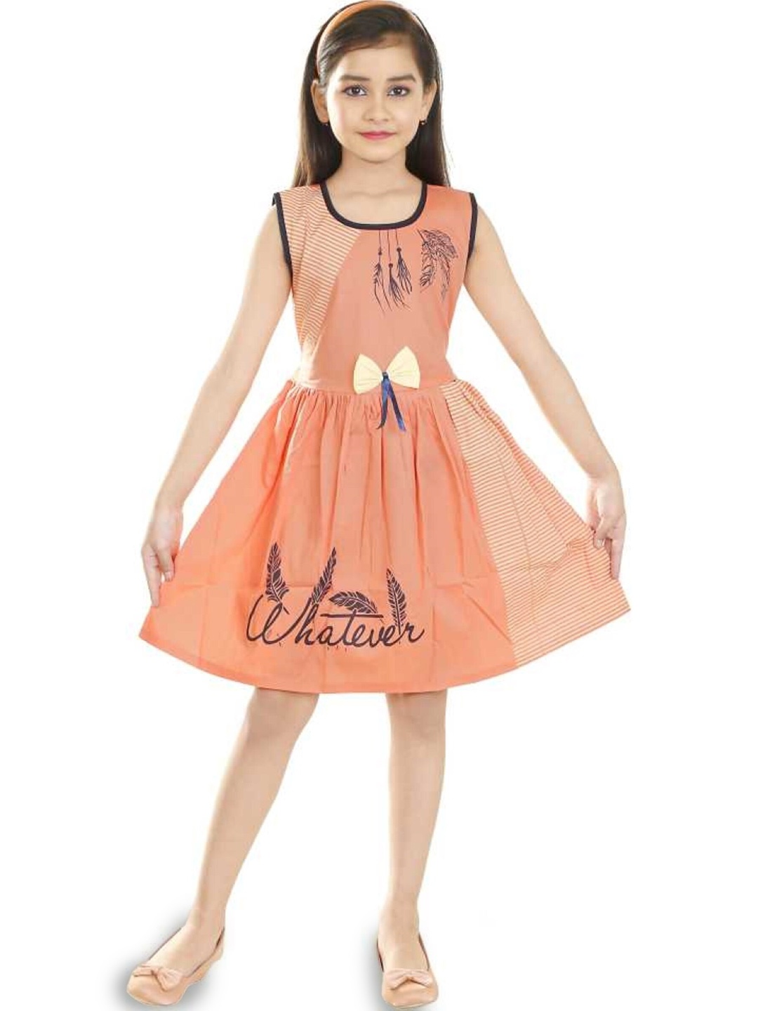 

CELEBRITY CLUB Girls Conversational Printed Pure Cotton Fit & Flare Dress, Peach