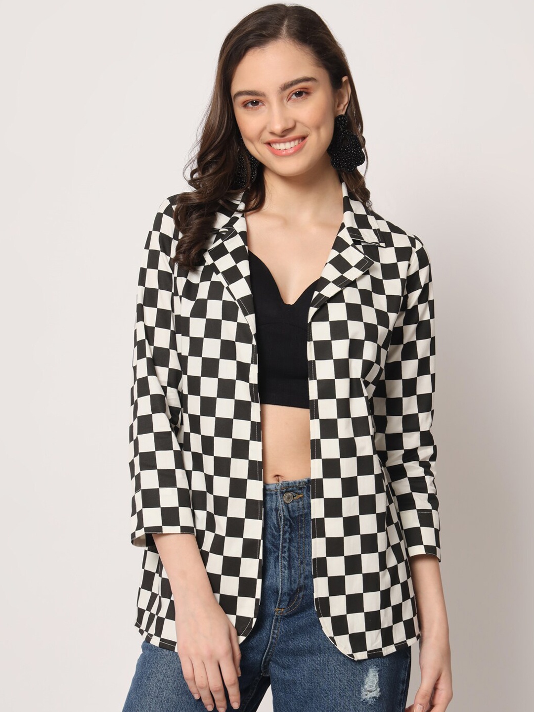 

HERE&NOW White & Black Checked Cotton Open Front Casual Blazer