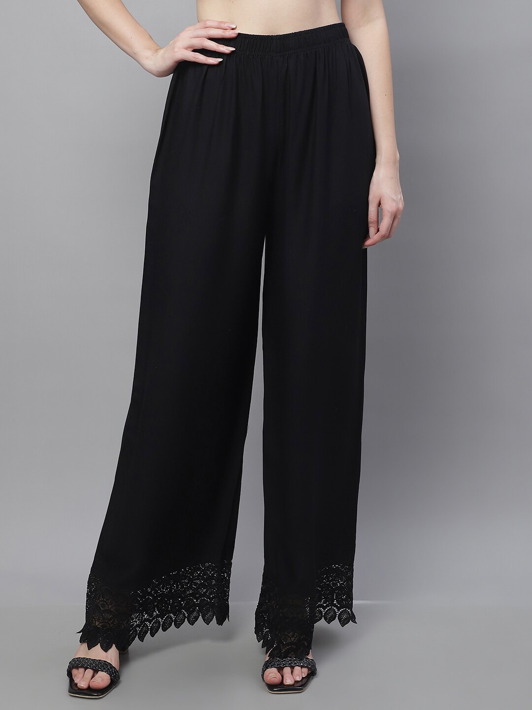 

TAG 7 Women Flared Elasticated Slip-On Palazzos, Black