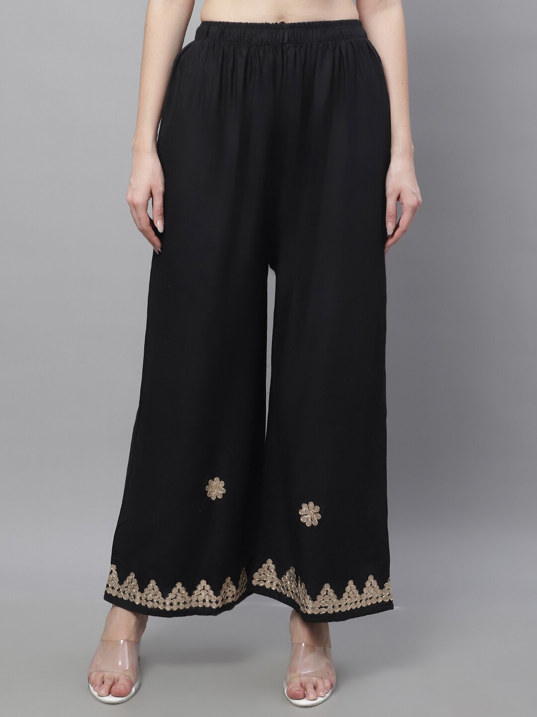 

TAG 7 Women Floral Hem Design Flared Palazzos, Black