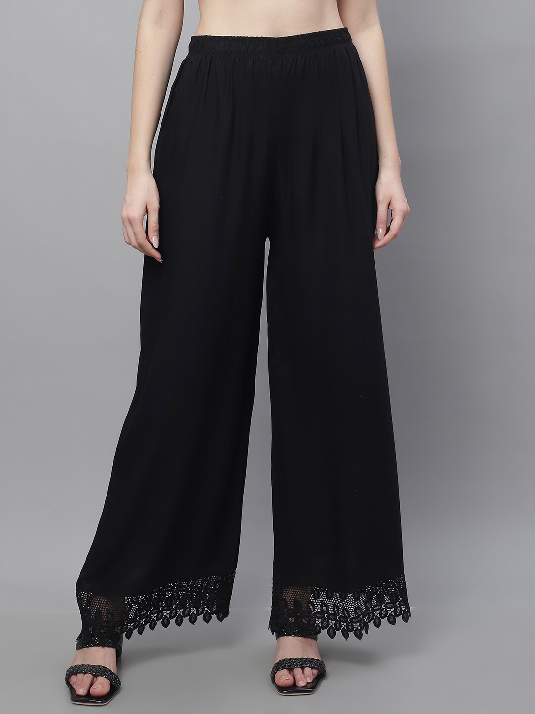 

TAG 7 Women Floral Hem Design Flared Palazzos, Black