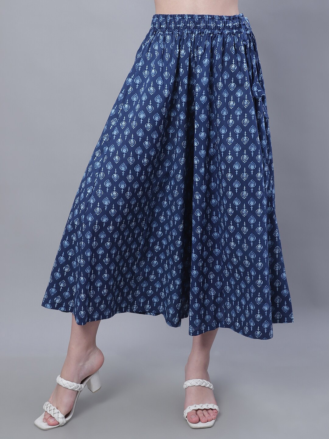 

TAG 7 Women Blue Ethnic Motifs Printed Cotton Flared Ethnic Palazzos