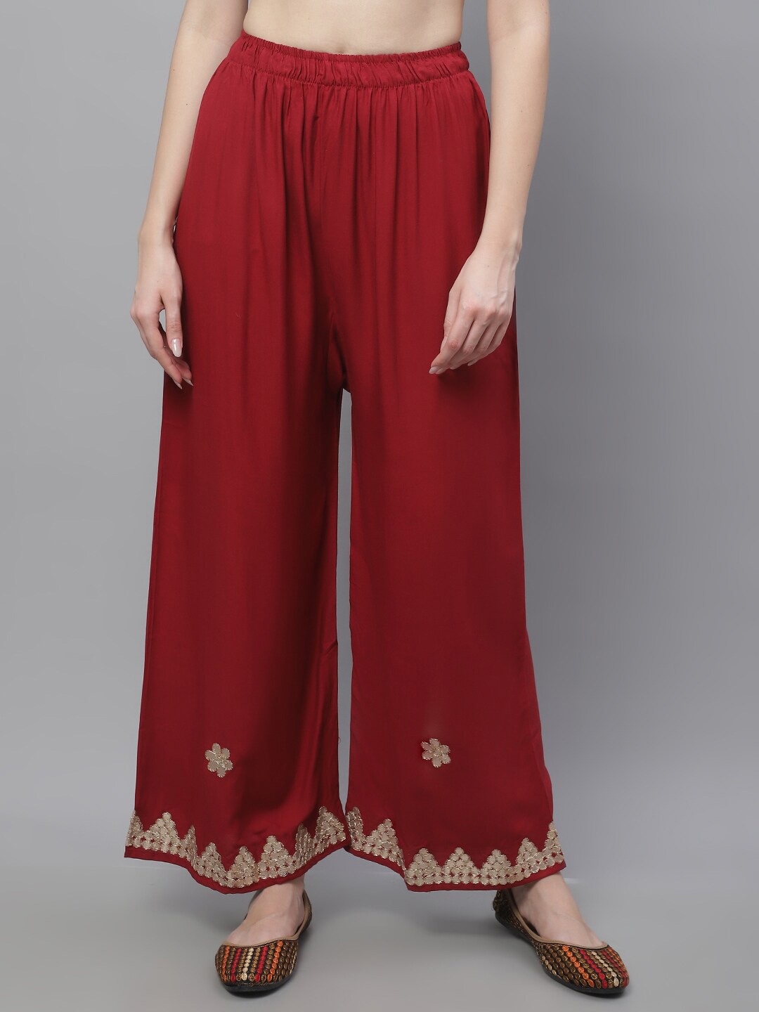 

TAG 7 Women Floral Hem Design Flared Ethnic Palazzos, Maroon
