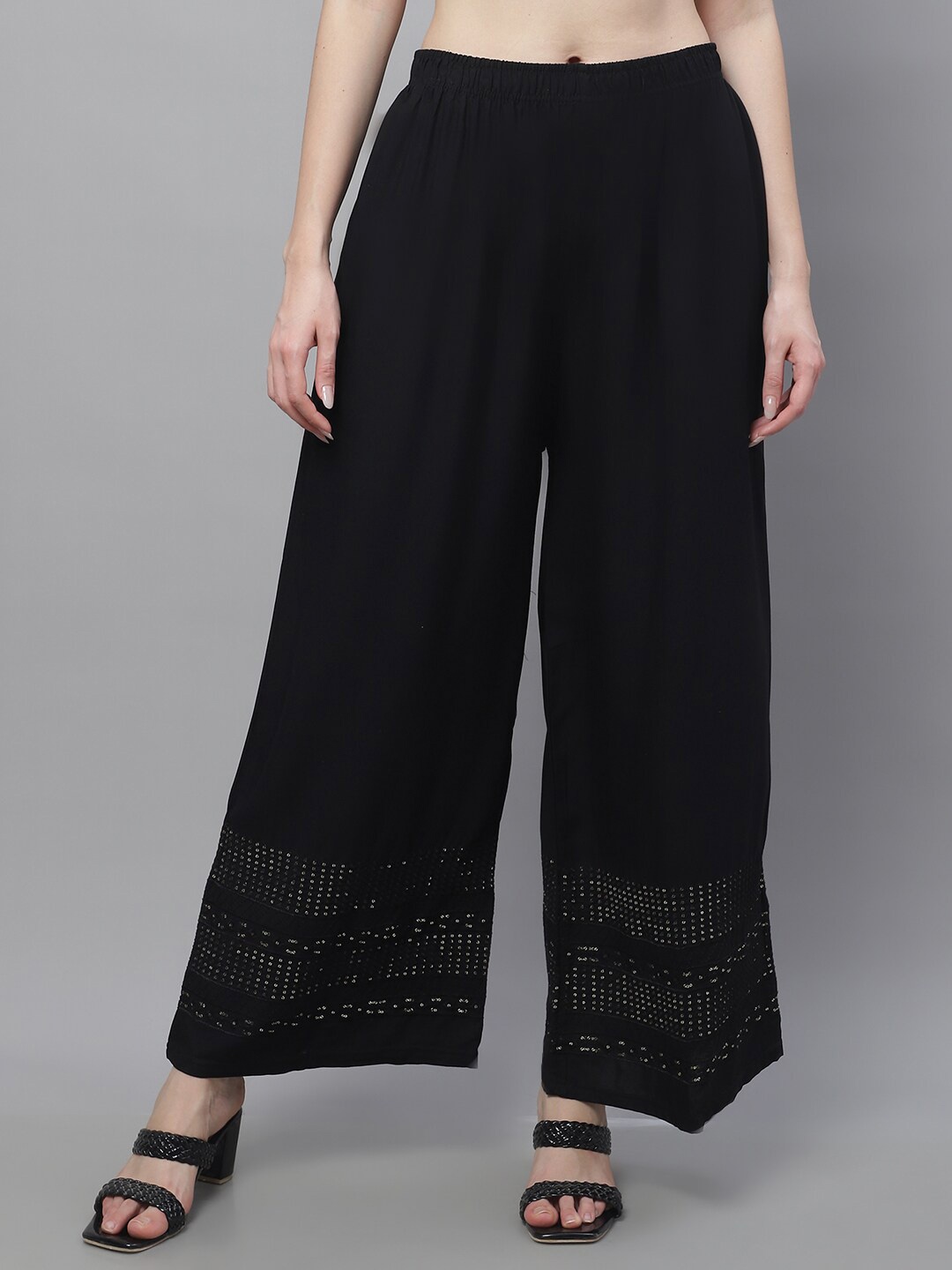

TAG 7 Women Geometric Hem Design Flared Palazzos, Black