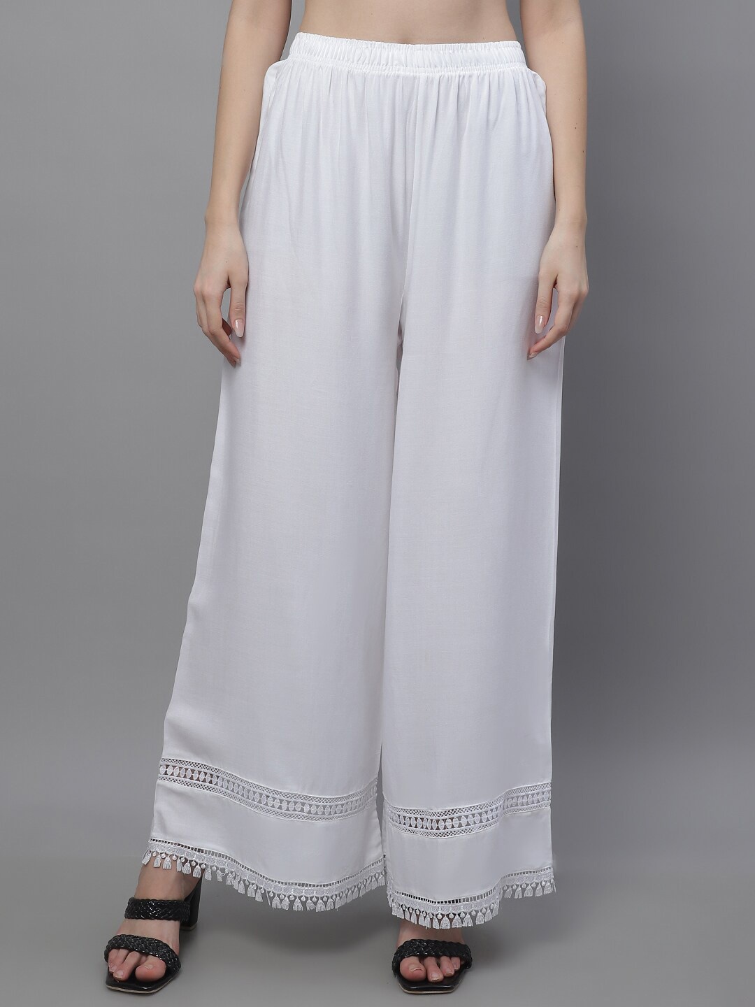 

TAG 7 Women Floral Hem Design Flared Palazzos, White