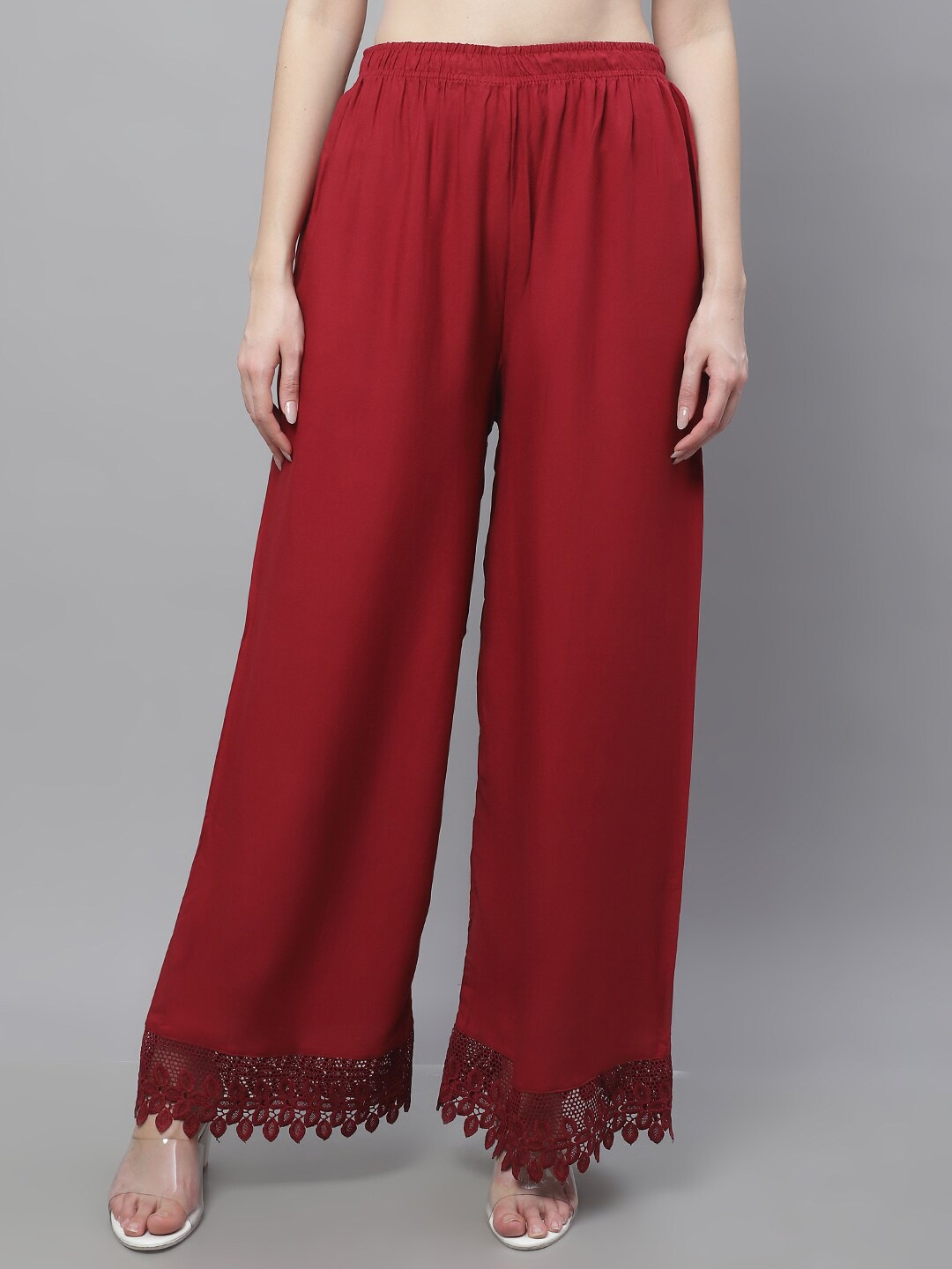 

TAG 7 Women Floral Hem Design Flared Palazzos, Maroon