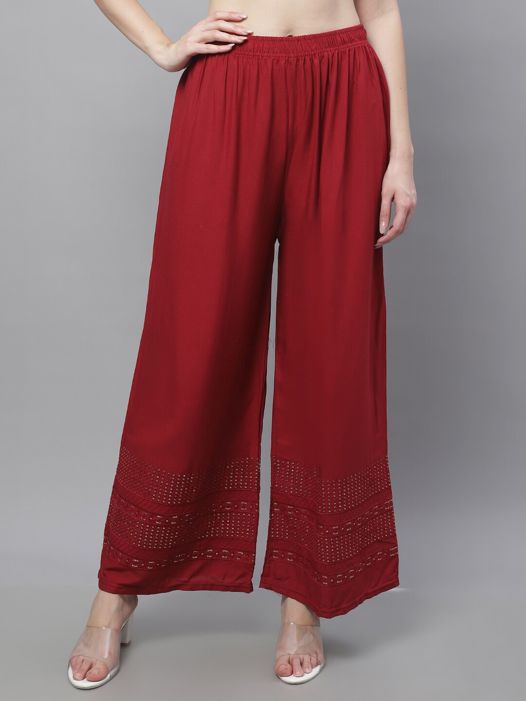 

TAG 7 Women Mid-Rise Ethnic Motifs Embellished Straight Palazzos, Maroon