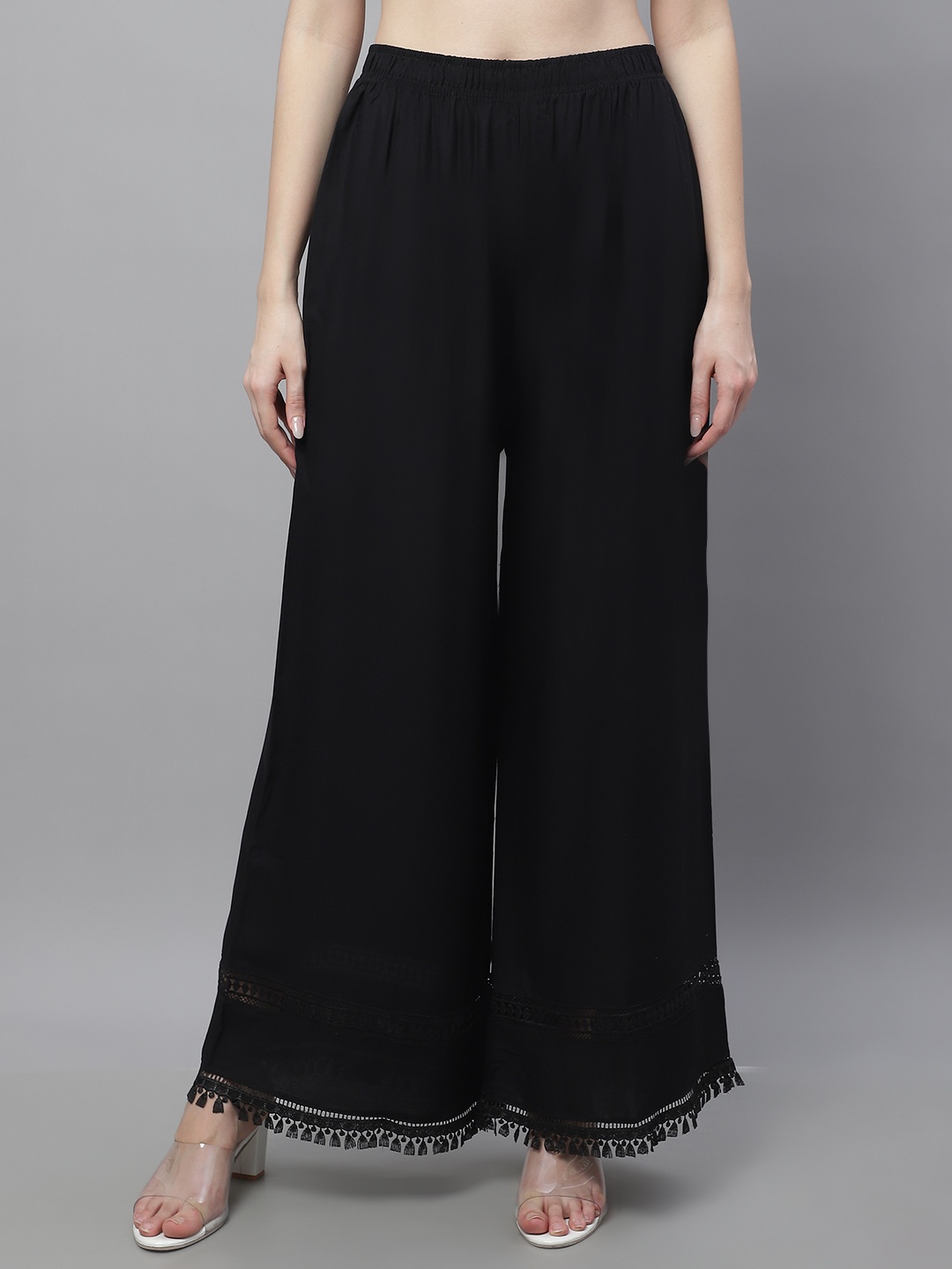 

TAG 7 Women Floral Hem Design Flared Ethnic Palazzos, Black