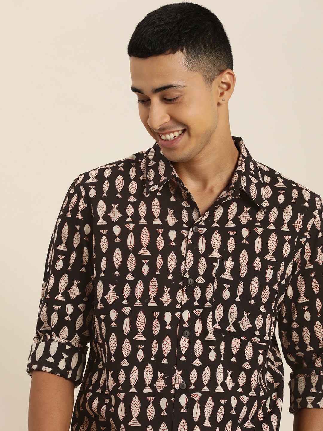 

Taavi Men Classic Bagru Hand Block Print Pure Cotton Casual Shirt, Black