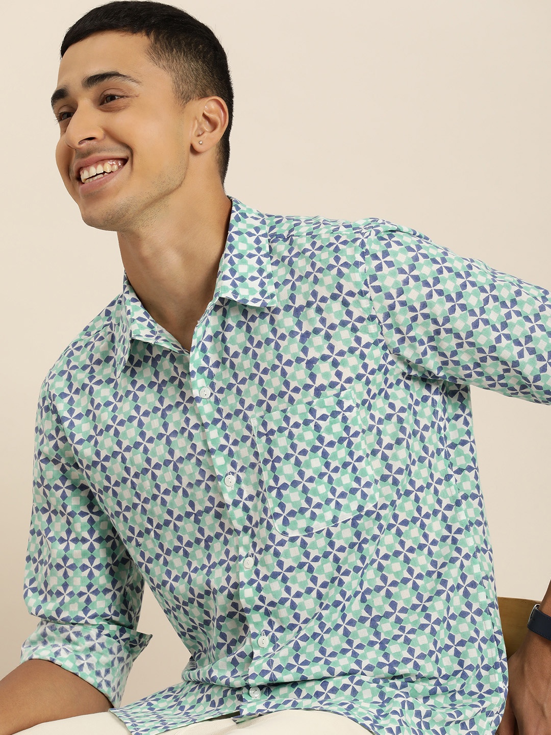 

Taavi Men Classic Sanganeri Printed Casual Shirt, Sea green