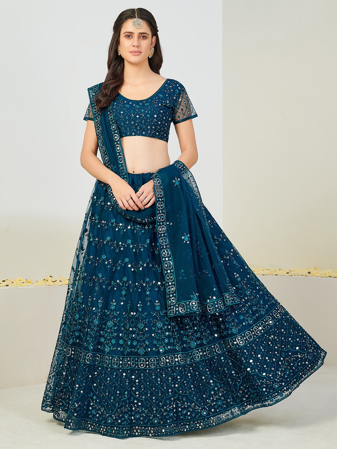 

SHOPGARB Embellished Sequinned Semi-Stitched Net Lehenga Choli With Dupatta, Teal