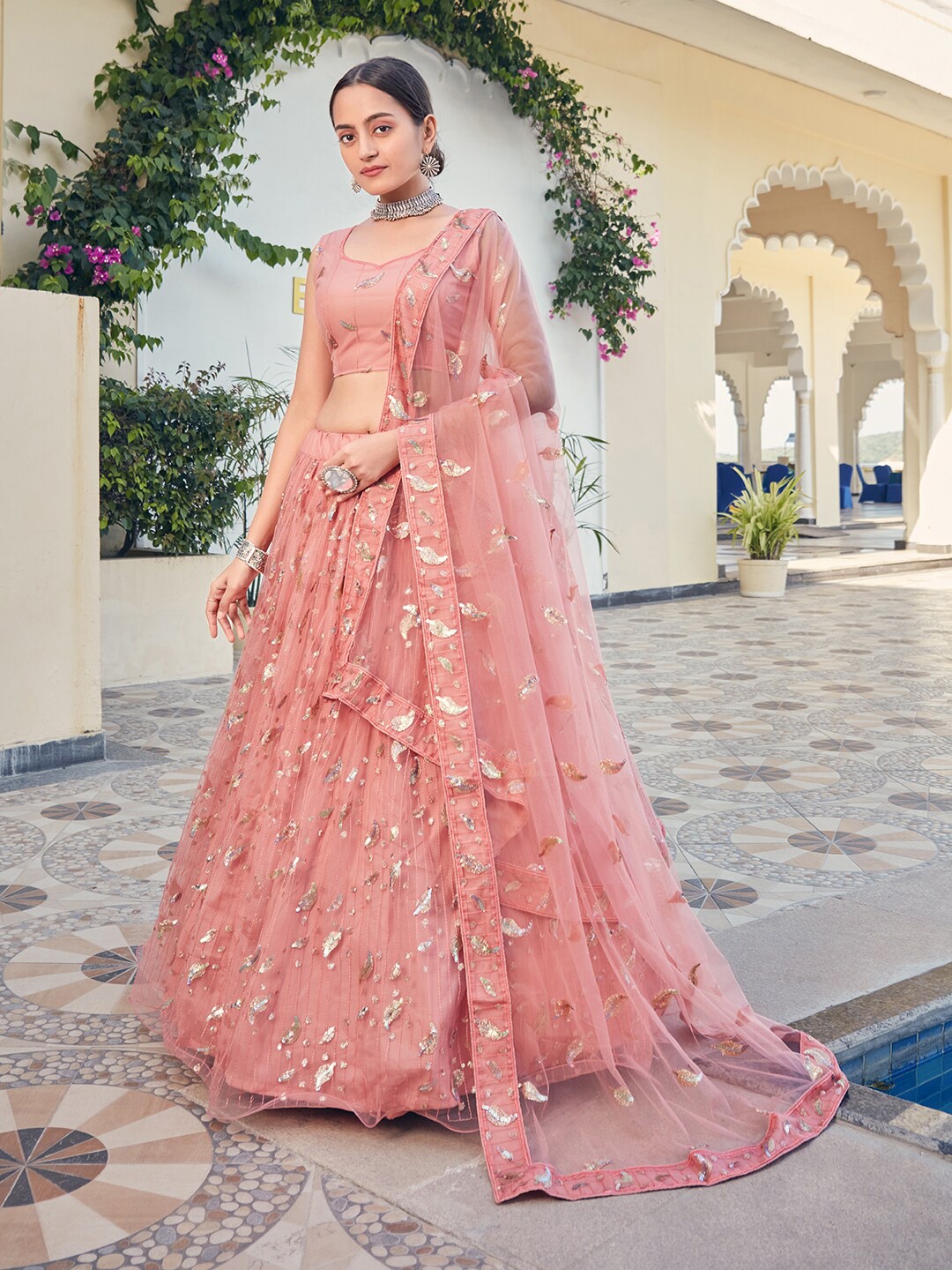 

SHOPGARB Embellished Sequinned Semi-Stitched Net Lehenga Choli With Dupatta, Pink
