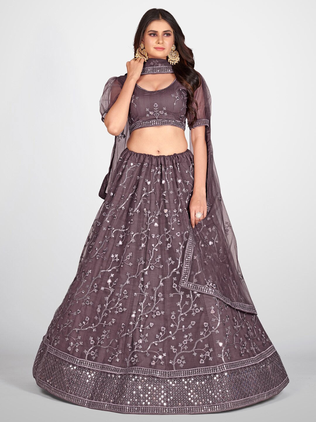 

SHOPGARB Embroidered Thread Work Semi-Stitched Lehenga & Unstitched Blouse With Dupatta, Purple